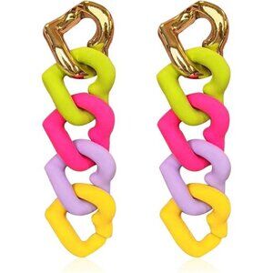 Funky Heart Rainbow Earrings | Extra Long Link Chain Dangle, Colorful Geometric